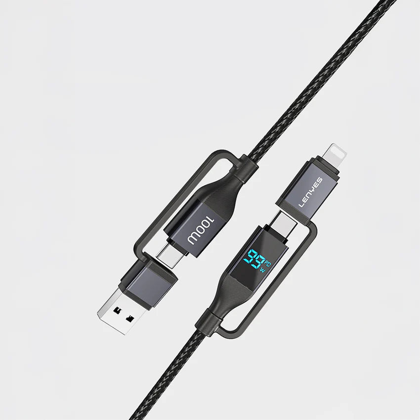كابل شحن Lenyes LC542 شاشة رقمية 4 في 1 قدرة 100W منافذ USB-A وType-C وLightning نايلون 1متر | Lenyes LC542 4-in-1 Charging Cable 100W Digital Display USB-A Type-C Lightning Nylon 1M