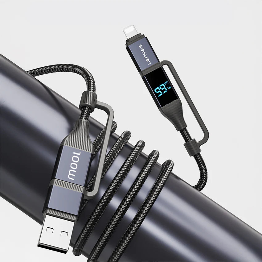كابل شحن Lenyes LC542 شاشة رقمية 4 في 1 قدرة 100W منافذ USB-A وType-C وLightning نايلون 1متر | Lenyes LC542 4-in-1 Charging Cable 100W Digital Display USB-A Type-C Lightning Nylon 1M