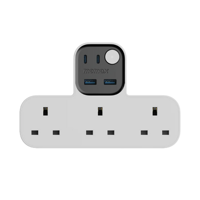 Kabloya Dirêjkirinê ya Şêweyê T ya Momax Charge Work Flow - Şîrîta hêzê ya Momax Charge Work Flow, 3 prizên hêzê, 2 USB-A û 2 USB-C
