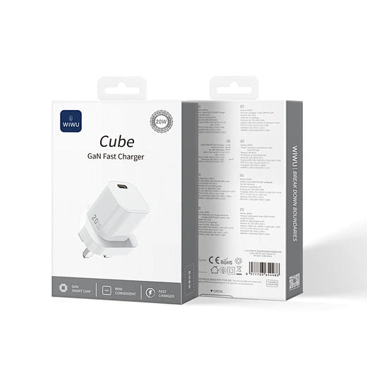 شاحن ويوو Wi-G014 سريع 20 واط GaN مدمج لـ iPhone - أبيض | WiWU 20W Cube GaN Fast Charger Wi-G014 for iPhone - White