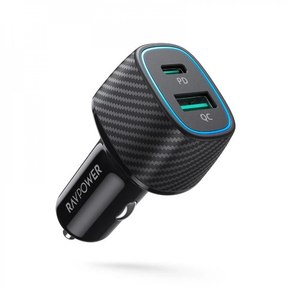 شاحن سيارة راف باور RP-VC009 بقدرة 60 واط بمنفذي PD 36 واط و QC 24 واط - اسود | RAVPower RP-VC009 60W Dual Port Car Charger (PD 36W + QC 24W) – Black