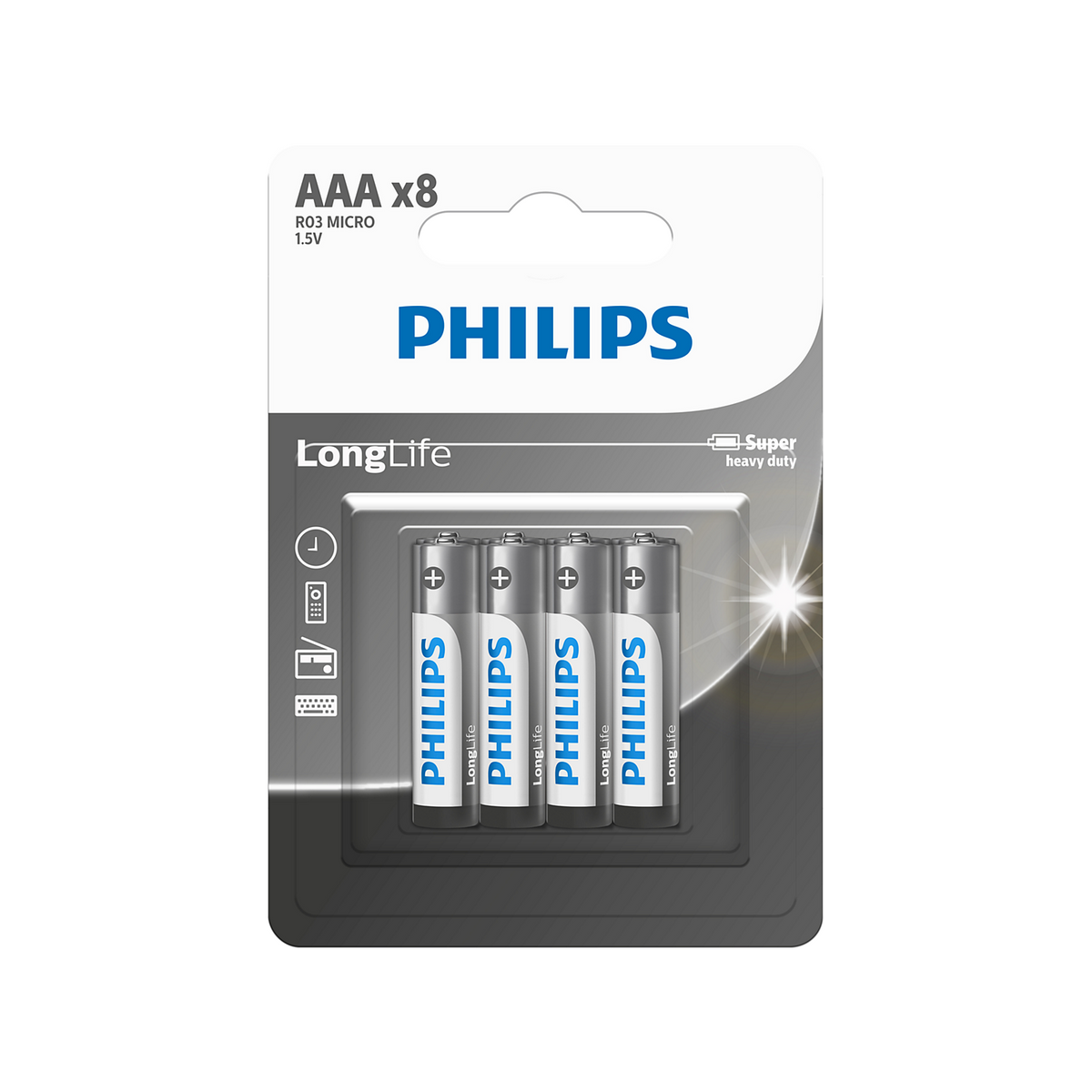 بطاريات AAA LongLife عبوة 8 قطع فيليبس R03L8BL/40 | Philips R03L8BL/40 LongLife AAA Batteries 8 Pack — R03L8BL/40