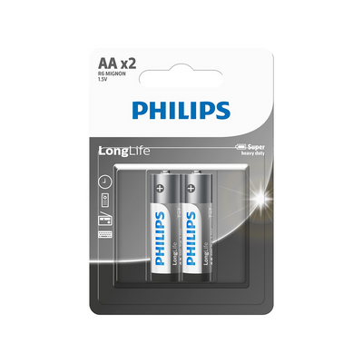 بطاريات AA LongLife عبوة 2 قطع فيليبس R6L2B/40 | Philips R6L2B/40 LongLife AA Batteries 2 Pack — R6L2B/40