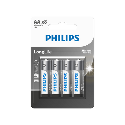 بطاريات AA LongLife عبوة 8 قطع فيليبس R6L8BL/40 | Philips R6L8BL/40 LongLife AA Batteries 8 Pack — R6L8BL/40