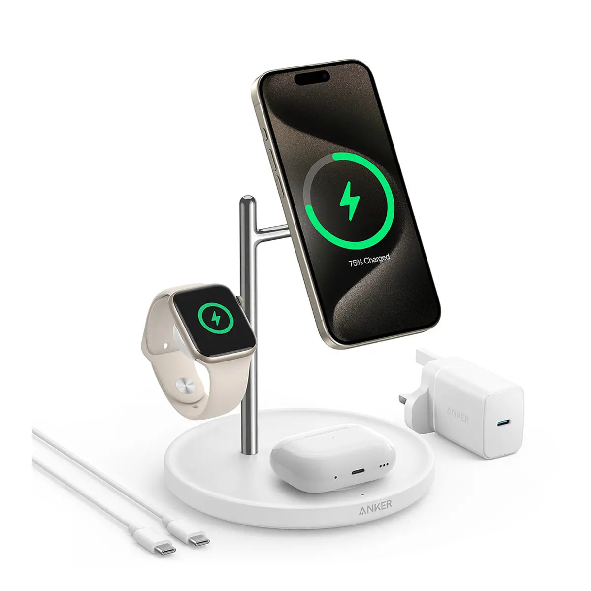 حامل وشاحن لاسلكي انكر ماج جو 3 في 1 بقدرة شحن 15 واط | Anker MagGo 15W 3-in-1 Charging Stand, Qi2 Certified Wireless Charger for iPhone