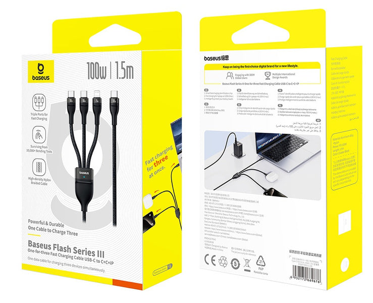 Baseus Flash Series 3 One-for-three Fast Charging Cable Type-C to C+C+L 100W 1.5m Cluster Black