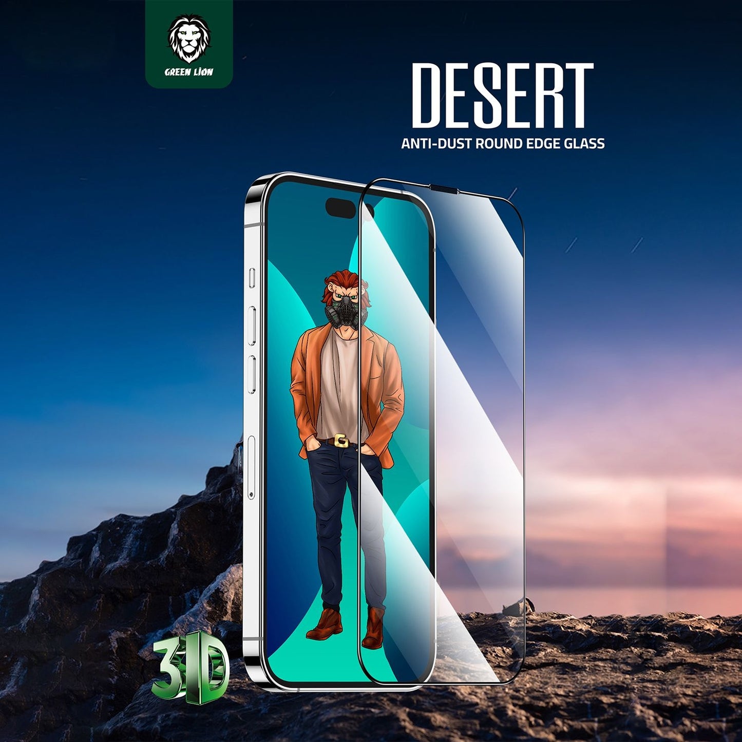 واقي شاشة زجاجي Green Lion 3D Desert لآيفون 14 برو - شفاف