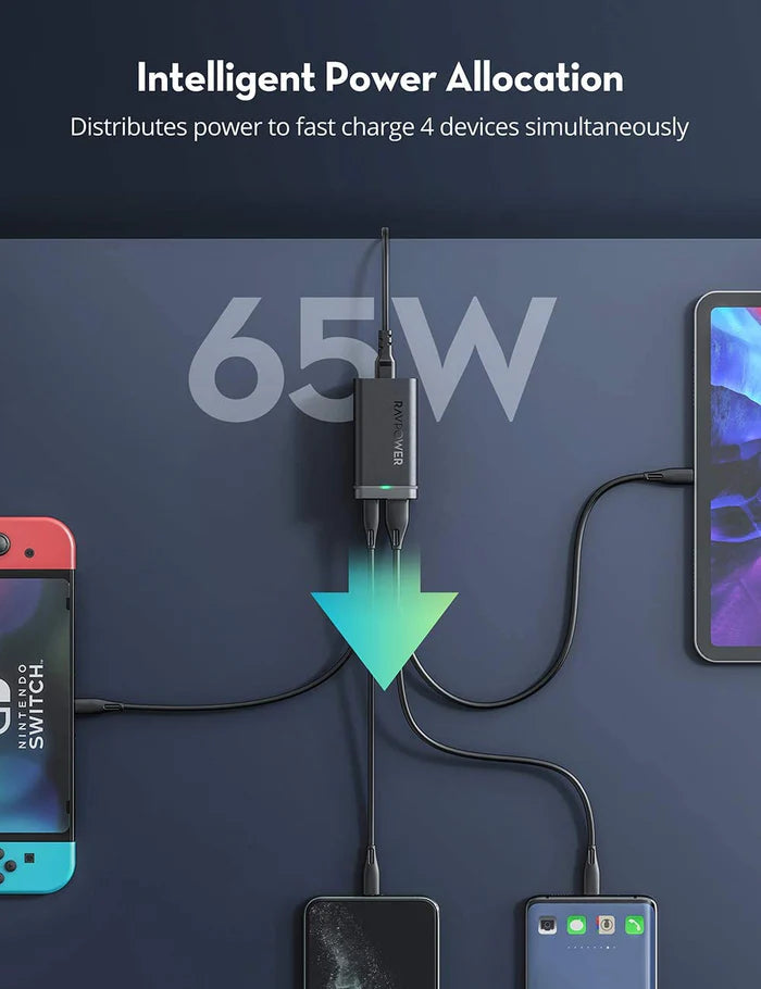 شاحن راف باور بمنفذين تايب سي ومنفذين يو اس بي اي وبقدرة شحن 65 واط | RAVPower 65W 4 Port GaN Tech USB C Desktop Charger