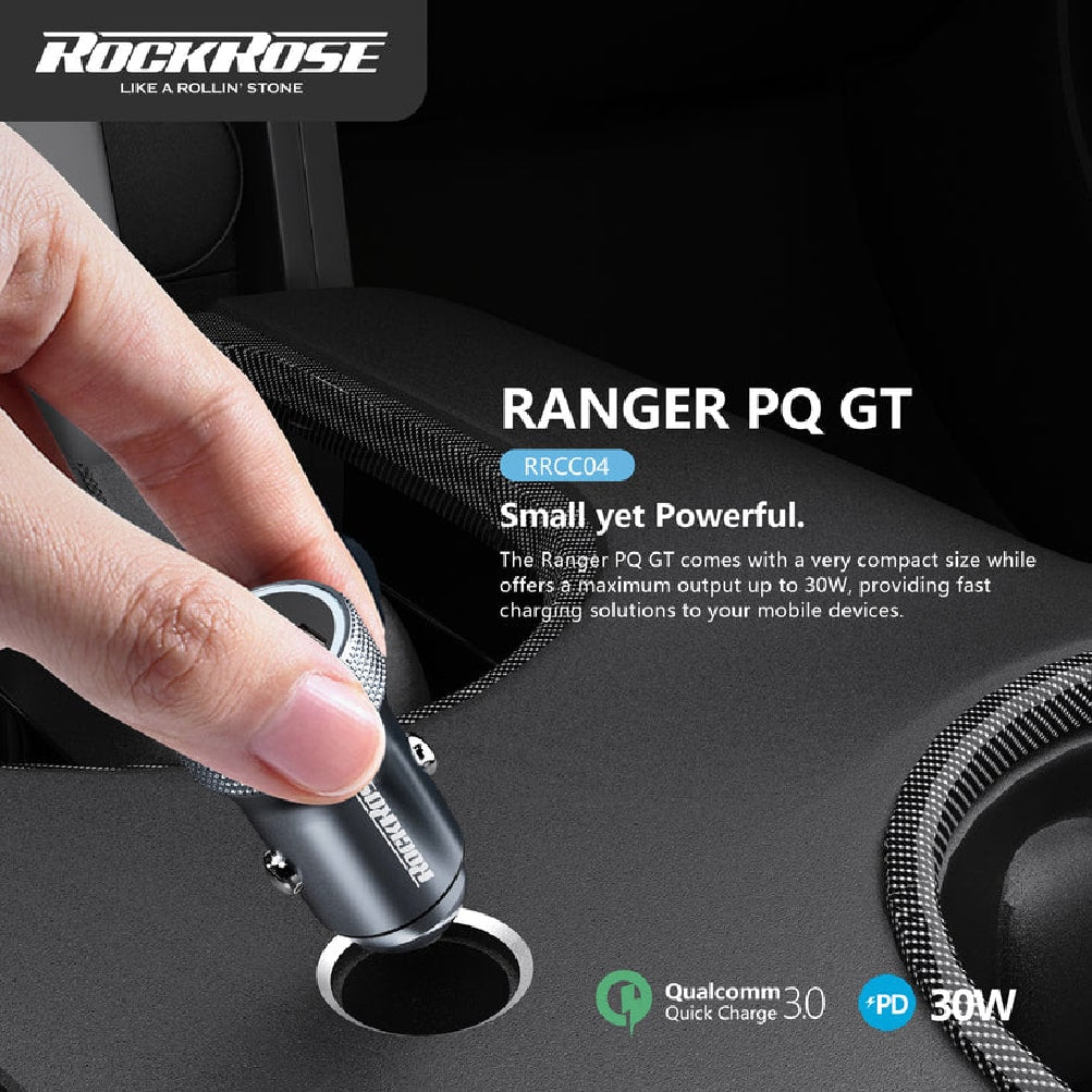 شاحن سيارة روك روز Ranger بمنفذي يو اس بي اي وتايب سي وبقدرة شحن 30 واط | RockRose Ranger PQ GT 30W PD & QC 3.0 Dual Port Car Phone Charger Adapter