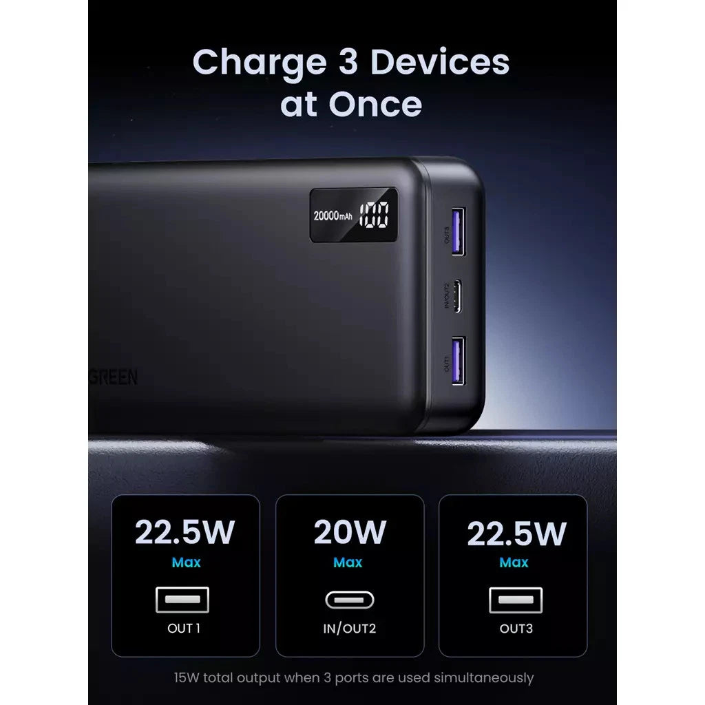 UGREEN 20000mAh Two-way Fast Charging Power Bank - بطارية محمولة يوجرين 20000 مللي أمبير شحن سريع ثنائي الاتجاه