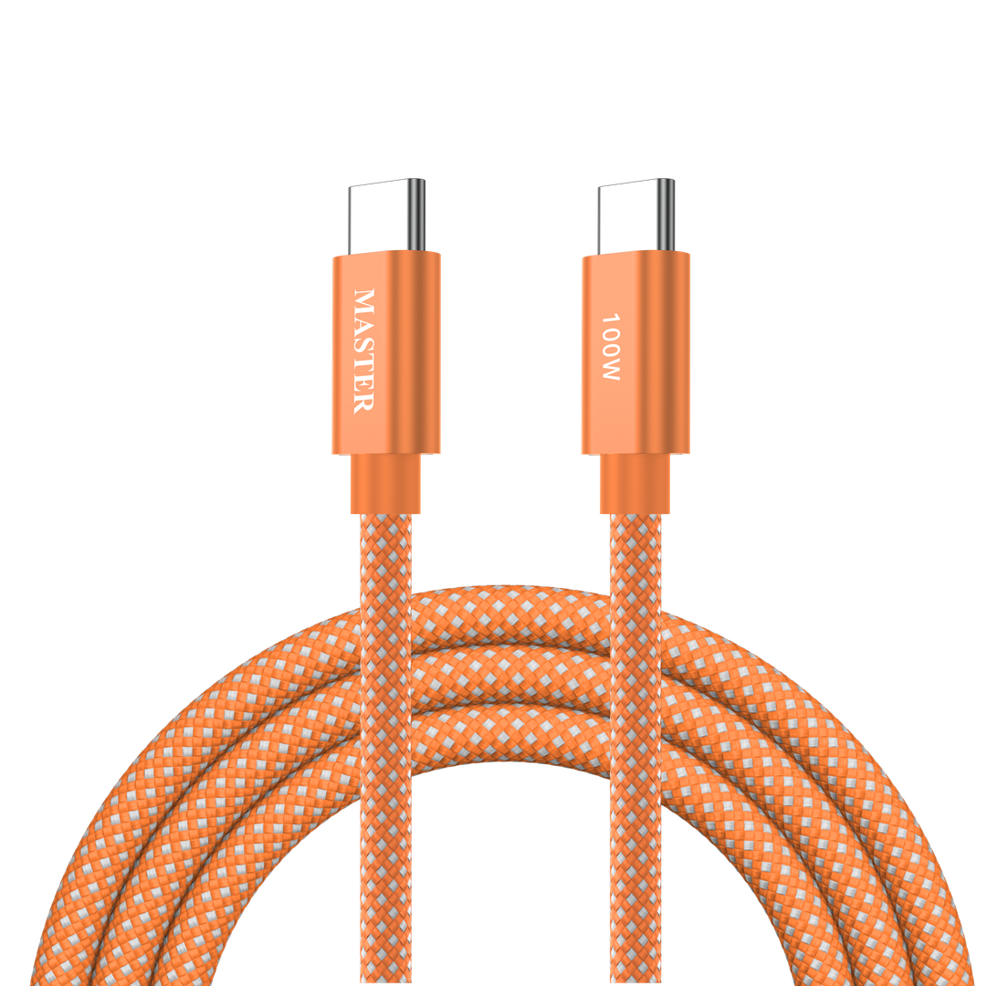 كيبل ماستر مظفر تايب سي الى تايب سي بقدرة شحن 100 واط وطول 1.2 متر - برتقالي | Master Braided 100W Cable USB-C to USB-C 1.2M - Orange