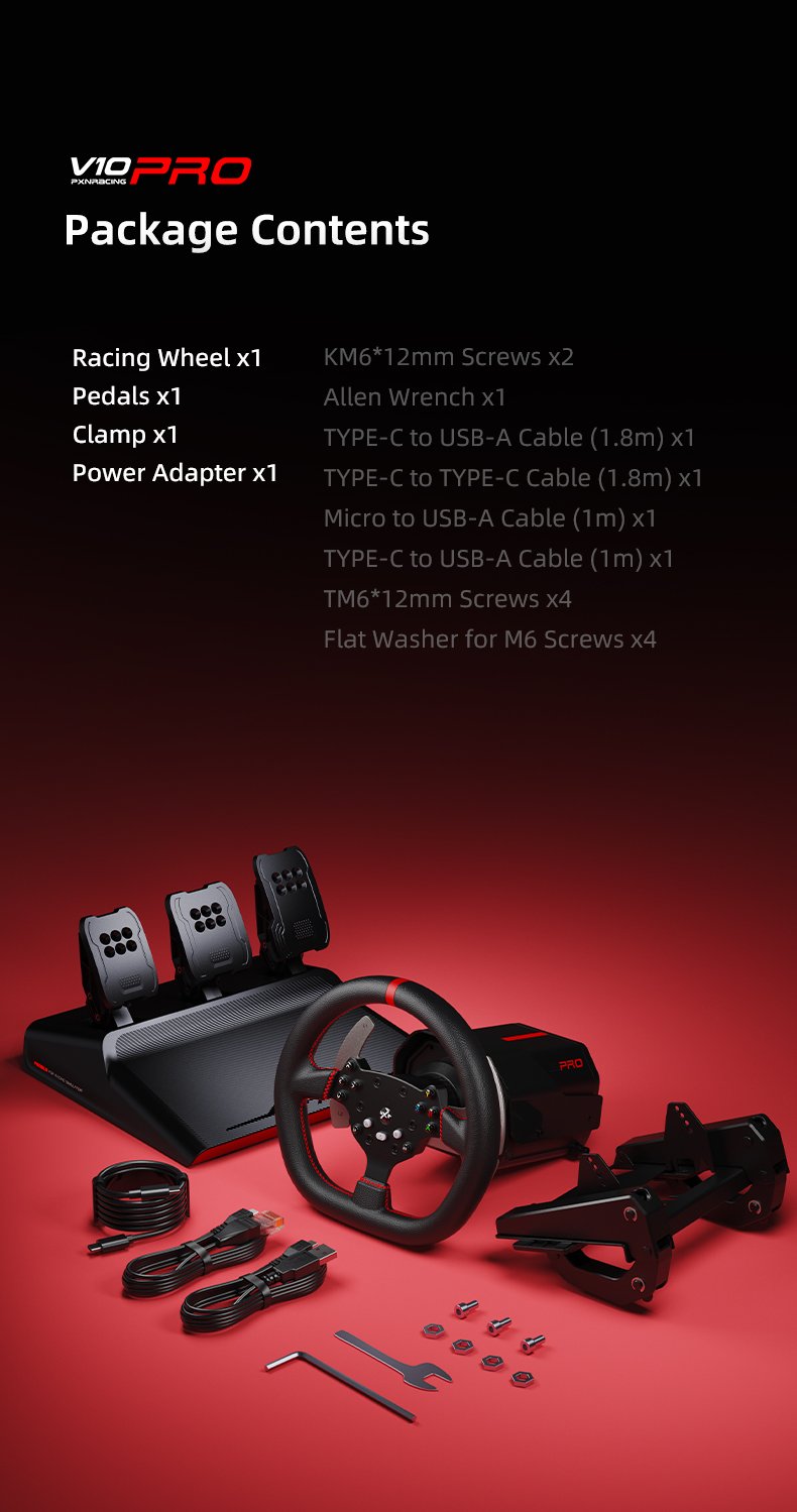 مقود سباقات PXN-V10 Pro Racing Simulator مع دواسات للكمبيوتر وPS4 وXbox - اسود | PXN-V10 Pro Entry DD Racing Simulator For PC, PS4 And Xbox - Black
