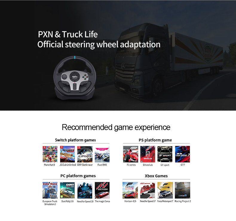 عجلة قيادة ألعاب PXN V9 GEN1 مع دواسات – دوران 900 درجة وإضاءة RGB متوافقة مع PS5 وPC وXbox وSwitch | PXN V9 GEN1 Racing Wheel with Pedals – 900 Degree RGB Steering Wheel Compatible with PS5, PC, Xbox & Switch