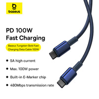 Baseus Tungsten Gold USB-C to USB-C Cable 100W 1m - Navy Blue | كابل تايب سي بيسوس تنجستن جولد شحن سريع 100 واط 1 متر - أزرق