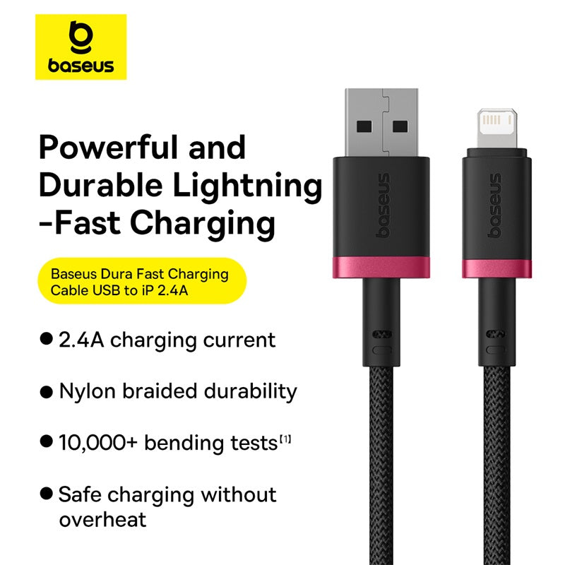 Baseus Dura Series USB to Lightning Cable 2.4A Fast Charging 2m Red+Black | كابل لايتنينج بيسوس ديورا شحن سريع 2.4 أمبير 2 متر أحمر وأسود
