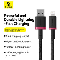 Baseus Dura Series USB to Lightning Cable 2.4A Fast Charging 2m Red+Black | كابل لايتنينج بيسوس ديورا شحن سريع 2.4 أمبير 2 متر أحمر وأسود