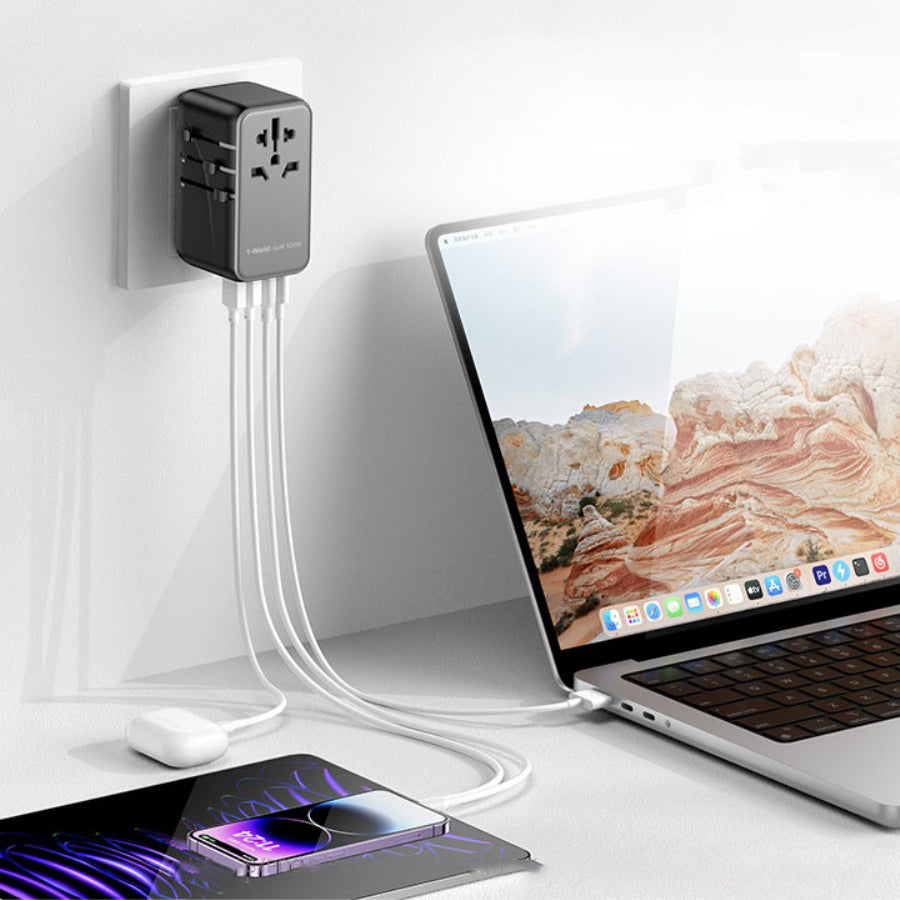 شاحن سفر موماكس 1-World  العالمي ب 4 منافذ وبقدرة شحن 100 واط | Momax 1-World 100W GaN Charger | 4-Port Universal Fast Charger with AC Travel Adapter