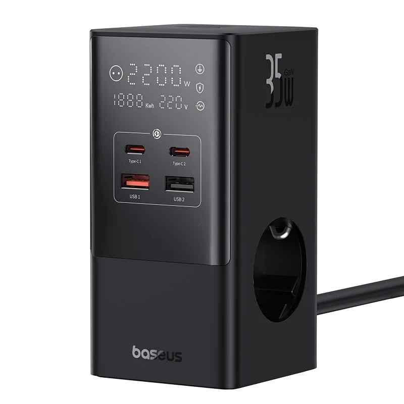 برج طاقة Baseus PowerCombo 3AC+2U+2C 35W - Baseus PowerCombo Tower Strip 3AC+2U+2C 35W 1.5m EU Black
