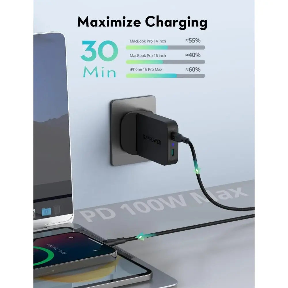 شاحن جداري راف باور RP-PC1095 بقدرة 100 واط مع منفذين | RavPower RP-PC1095 PD Pioneer 100W 2-Port Wall Charger