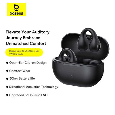 Baseus Bass 15 Clip Open-Ear Earphones Black with Cable C 0.3m - سماعات بيسوس باس 15 مفتوحة بكليب سوداء مع كيبل