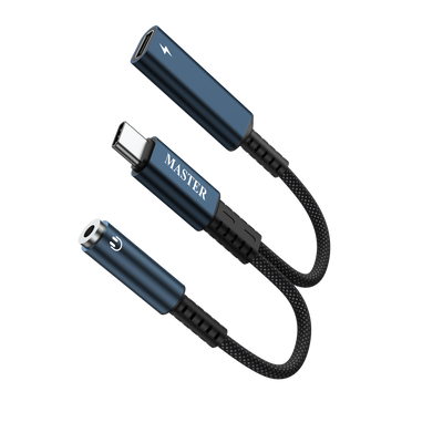 محول ماستر مظفر 2 في 1 تايب سي الى تايب سي و Aux  للصوت وبقدرة شحن 60 واط - اسود | Master Braided 2-in-1 USB-C to Aux Audio Adapter PD 60W - Black
