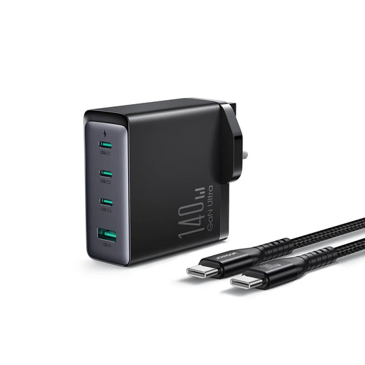 JOYROOM GaN Ultra 140W 3C1A Fast Charger & 240W USB-C to USB-C Cable -شاحن JOYROOM GaN Ultra 140W (3C1A) مع كيبل تايب سي بقوة 240 واط – أسود