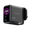 شاحن ماستر GaN بمنفذي تايب سي و يو اس بي اي وبقدرة شحن 100 واط مع كيبل تايب سي مدمج - رمادي | Master Charger TFT-100W GaN Dual USB-C + USB-A with Built-in Type-C Cable - Grey