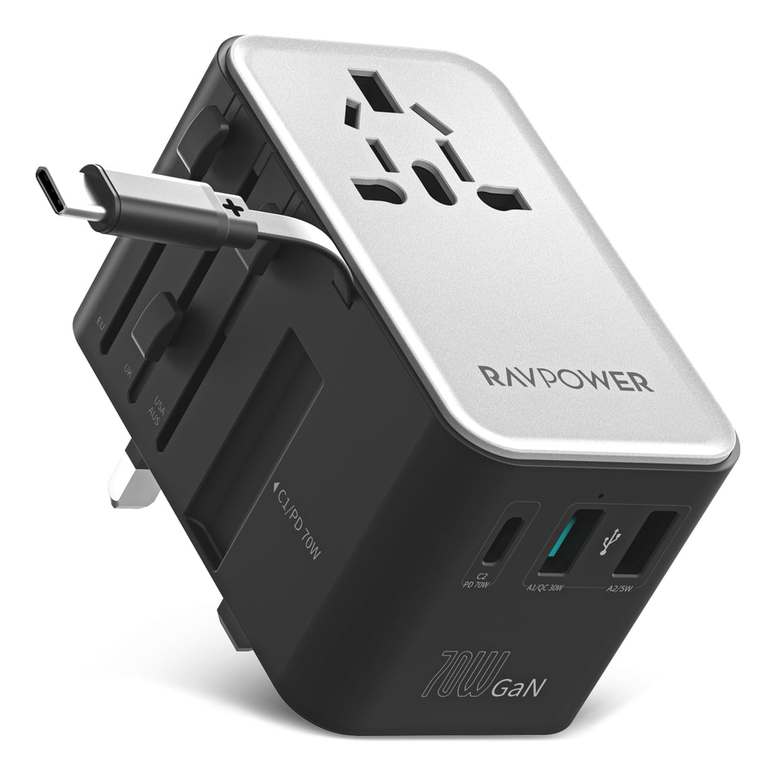 Şarjêrê rêwîtiyê ya RAVPower RP-PC1061 70W PD bi kabloya USB-C ya çêkirî | Şarjêrê rêwîtiyê ya RAVPower RP-PC1061 70W PD bi kabloya USB-C ya vekişîner