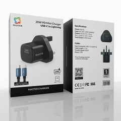 Master PD 20W Mini Charger + 27W USB-C to Lightning Cable – Black | شاحن ماستر ميني 20 وات + كابل 27 وات USB-C إلى Lightning أسود