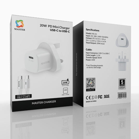 Master PD 20W Mini Charger + 60W USB-C to USB-C Cable – White | شاحن ماستر ميني 20 وات + كابل 60 وات USB-C أبيض