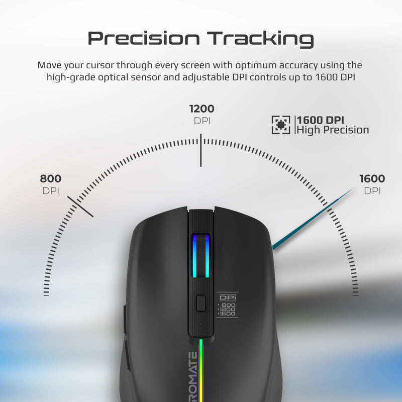 Promate Kitt Black RGB wireless mouse - angle view
