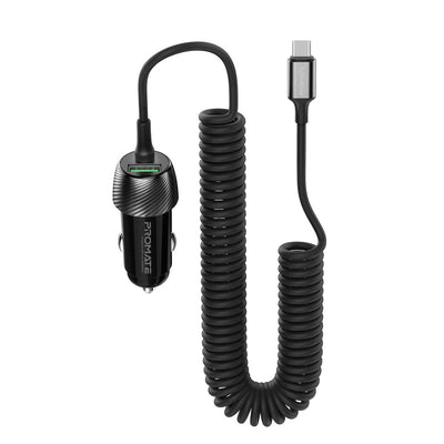 Promate PowerDrive-33PDC شاحن سيارة بكيبل USB-C مدمج ملفوف - صورة أمامية