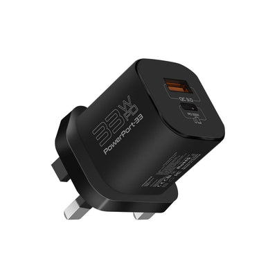 Promate PowerPort-33 Black 33W GaNFast dual-port UK plug charger - main view