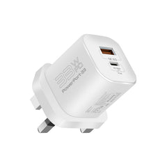Promate PowerPort-33 White 33W GaNFast dual-port UK plug charger - main view