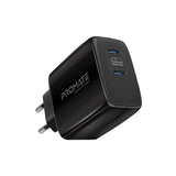 شاحن جداري 65 واط GaNFast بمنفذي USB-C | Promate PowerPort-65 65W Super Speed GaNFast Charging Adapter with Dual USB Ports - Black