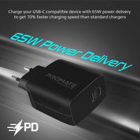Promate PowerPort-65 شاحن 65 واط - أسود - تصميم مدمج بتقنية GaNFast