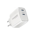 شاحن جداري 65 واط GaNFast بمنفذي USB-C | Promate PowerPort-65 65W Super Speed GaNFast Charging Adapter with Dual USB Ports - White