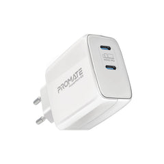 Promate PowerPort-65 شاحن جداري 65 واط GaNFast بمنفذي USB-C - أبيض - صورة أمامية