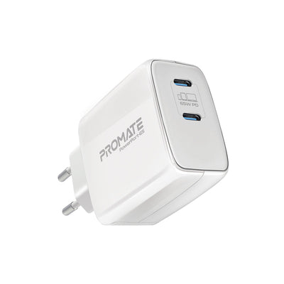 Promate PowerPort-65 شاحن جداري 65 واط GaNFast بمنفذي USB-C - أبيض - صورة أمامية