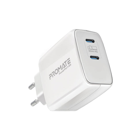 Promate PowerPort-65 شاحن جداري 65 واط GaNFast بمنفذي USB-C - أبيض - صورة أمامية