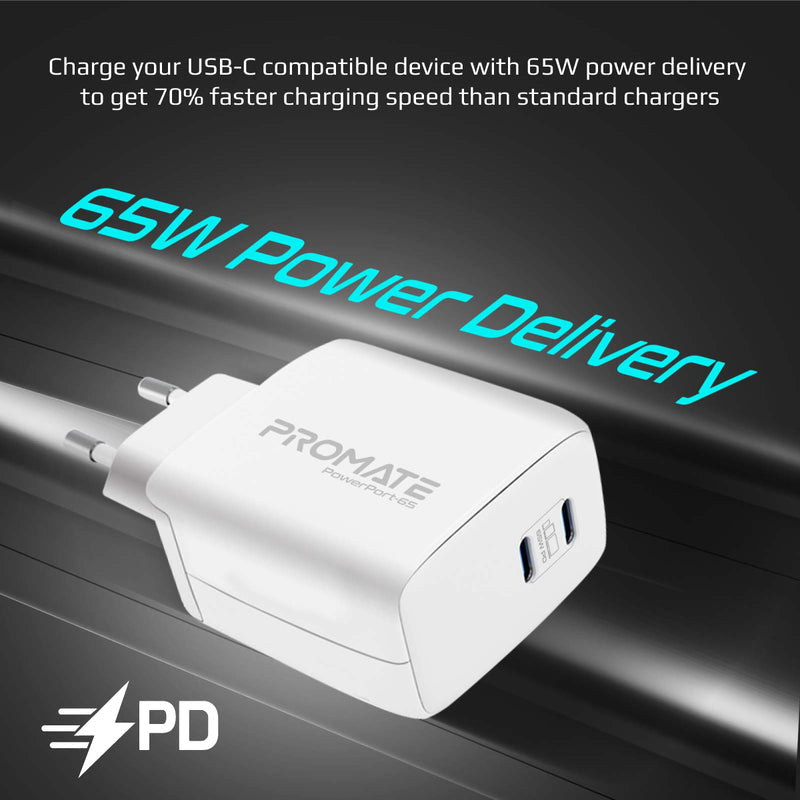 Promate PowerPort-65 شاحن 65 واط - أبيض - تصميم مدمج بتقنية GaNFast