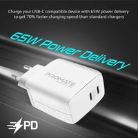 Promate PowerPort-65 شاحن 65 واط - أبيض - تصميم مدمج بتقنية GaNFast