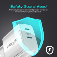 Promate PowerPort-65 شاحن 65 واط - أبيض - يشحن جهازين بنفس الوقت