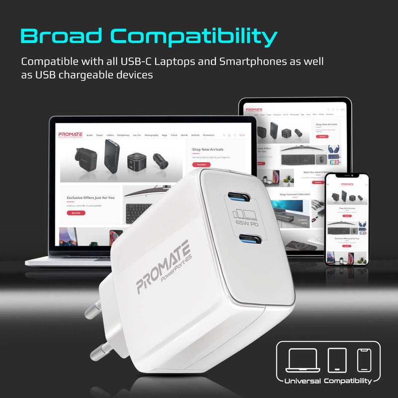 Promate PowerPort-65 شاحن 65 واط - أبيض - مقارنة الحجم