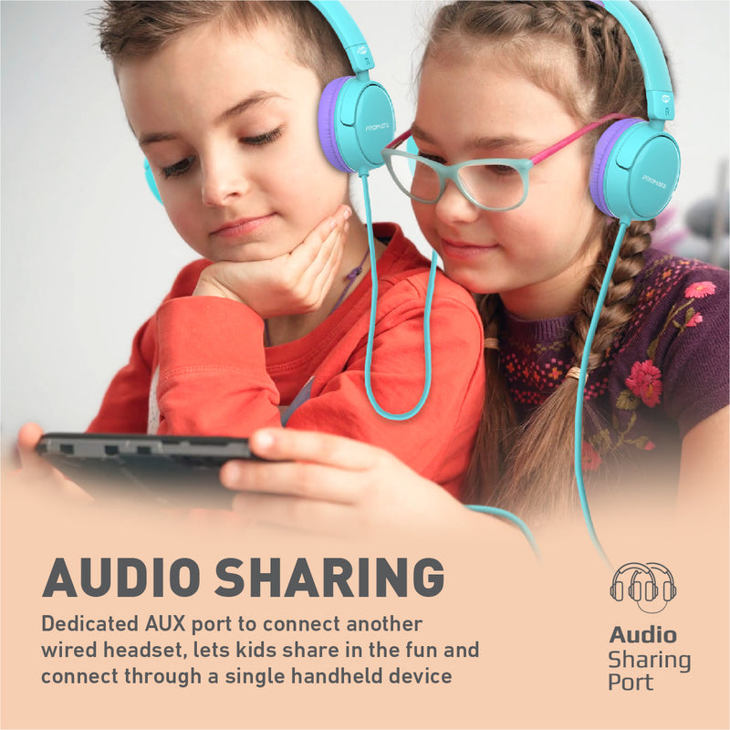Promate Jewel KidSafe Wired Kids Headset 40mm Aqua-Angle