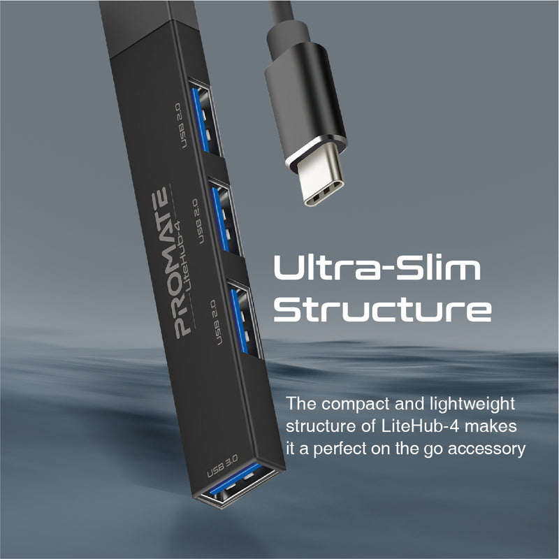 Promate LiteHub-4 Black connected to a laptop