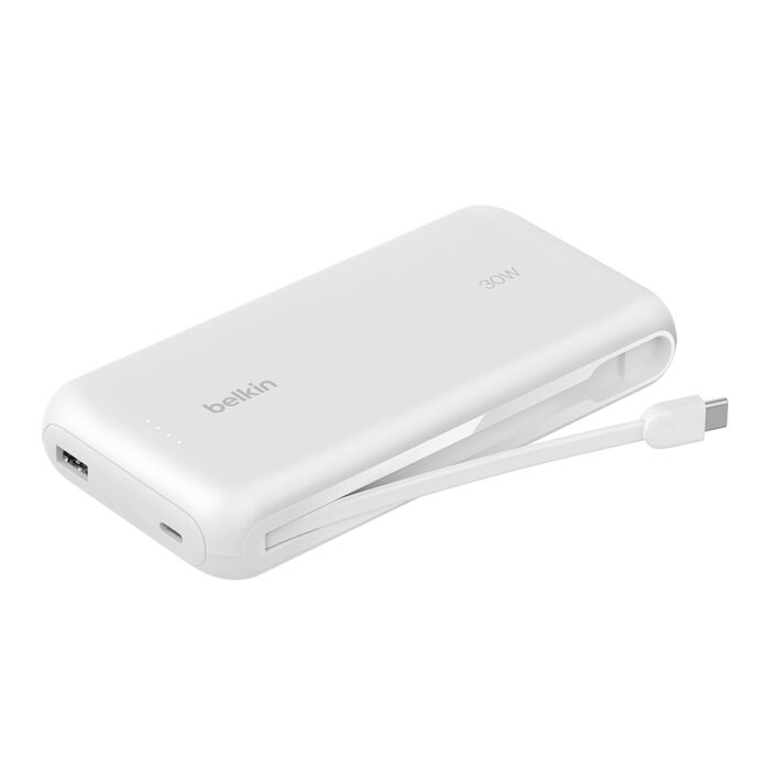 باور بانك بيلكن بسعة 20,000 مللي امبير وبقدرة شحن 30 واط مع كيبل تايب سي مدمج | Belkin Power Bank 20K with USB-C Cable 30W Fast Charging