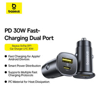 شاحن سيارة بيسوس جو تريب DP1 سريع 30 واط بمنفذي USB-C وUSB-A – أسود كوني | Baseus GoTrip DP1 30W Fast Car Charger USB-C & USB-A Cosmic Black