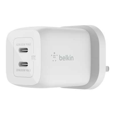 Şarjêra Dîwarî ya Belkin 65W Dual USB Type-C bi Dabînkirina Hêzê ya Bilez 3.0 bi Teknolojiya GaN - Şarjêra Dîwarî ya Belkin 65W Dual USB Type-C bi Dabînkirina Hêzê ya Bilez 3.0 û Teknolojiya GaN - Şarjêra USB ya Bilez ji bo Amûran