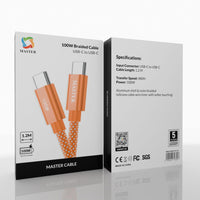 كيبل ماستر مظفر تايب سي الى تايب سي بقدرة شحن 100 واط وطول 1.2 متر - برتقالي | Master Braided 100W Cable USB-C to USB-C 1.2M - Orange